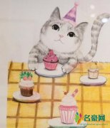 李湘晒王诗龄绘画作品 小猫带着礼帽吃蛋糕生动可