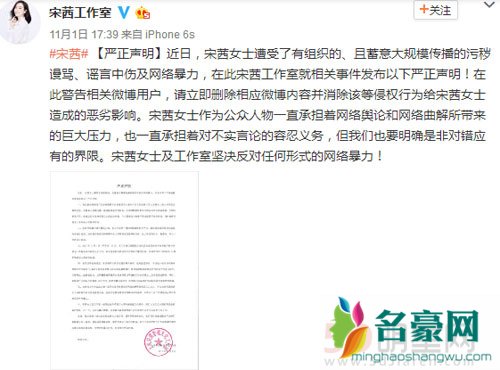 宋茜再遭网络暴力 其工作室发声明谴责谣传