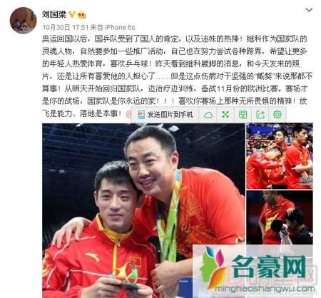 张继科参加综艺受质疑 刘国梁回应为国乒三创
