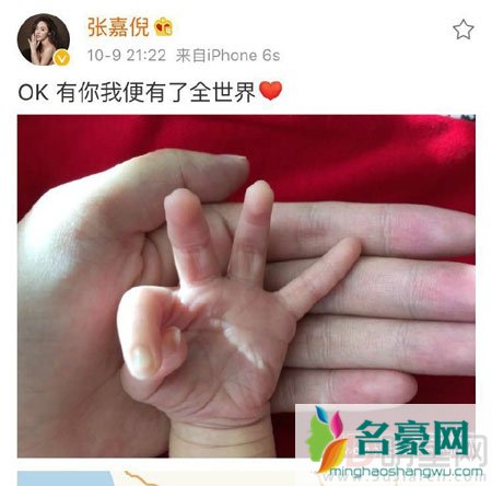 张嘉倪晒宝宝手部照片 现实版紫菱美国当妈