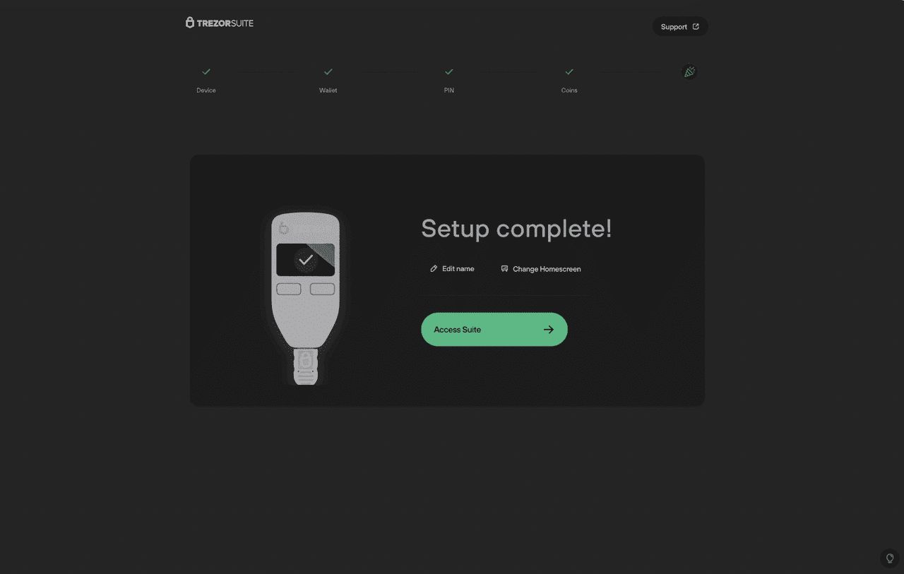 Trezor Model One 设置完成界面